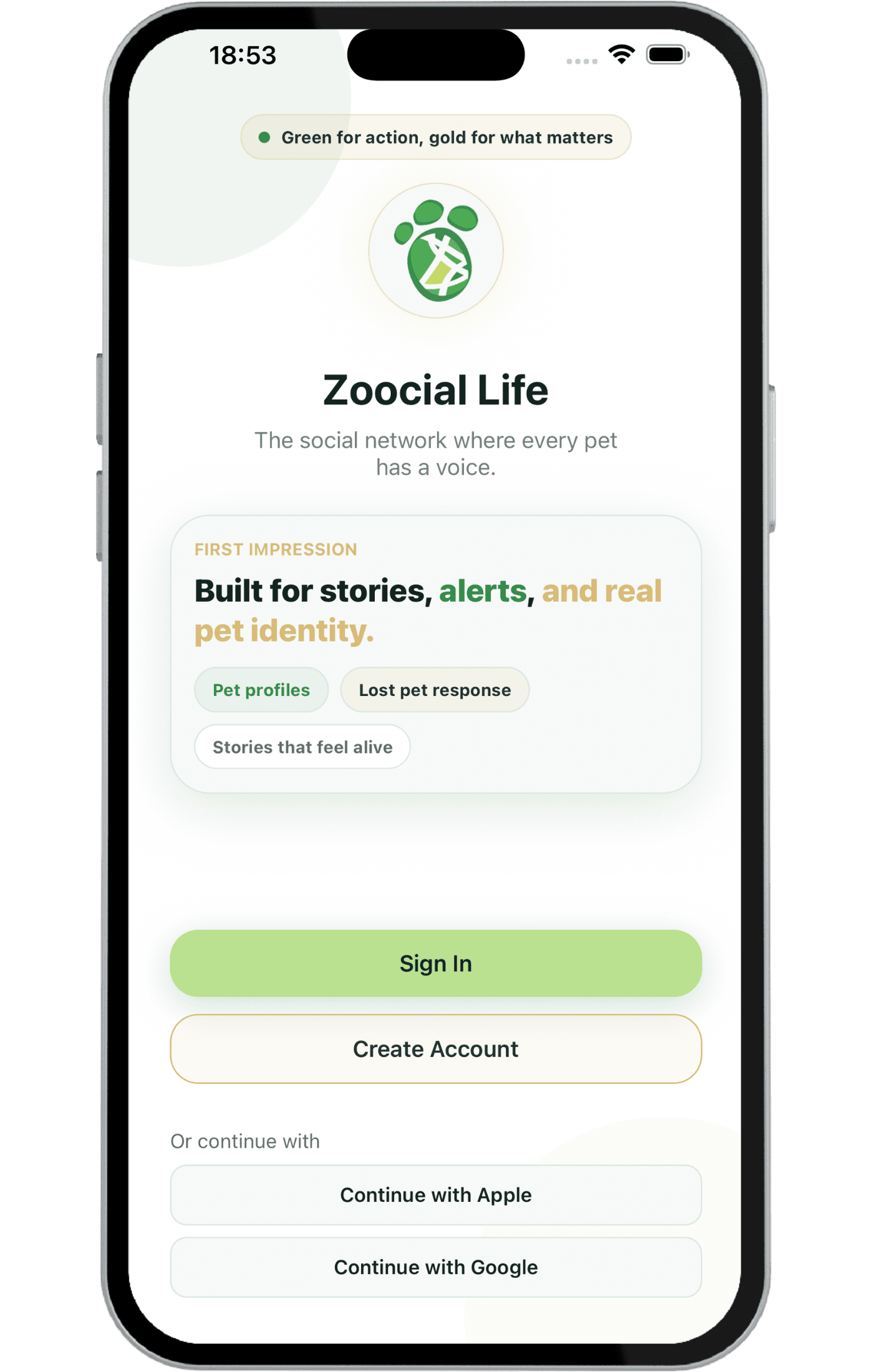 Zoocial sign-in screen shown on an iPhone mockup.