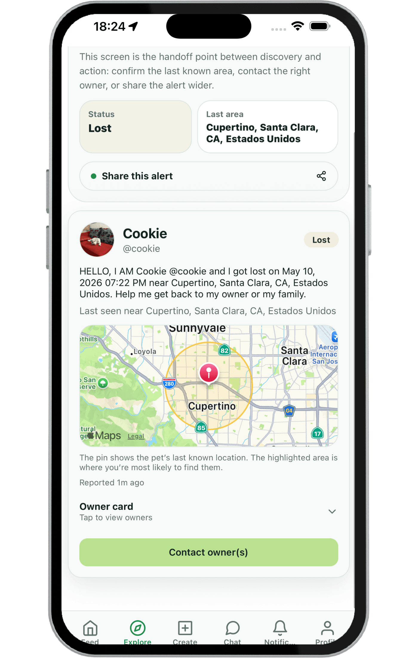 Zoocial lost alert screen shown on an iPhone mockup.
