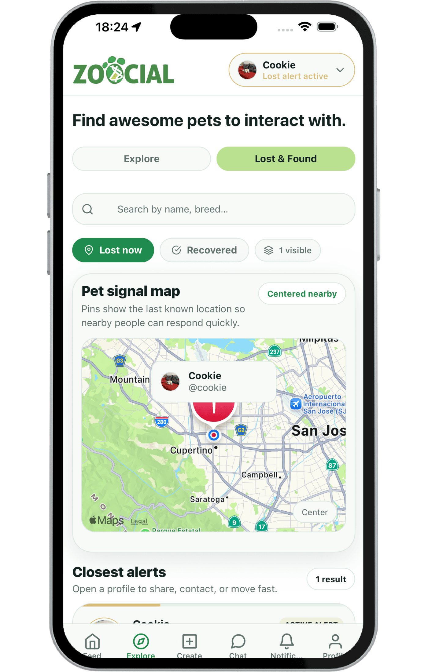 Zoocial lost and found map screen showing a nearby lost pet alert.